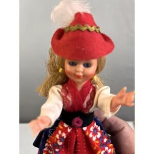 vintage German Doll 6" Red Dress Hat Blonde Hair Movable Eyes Arms Collectible